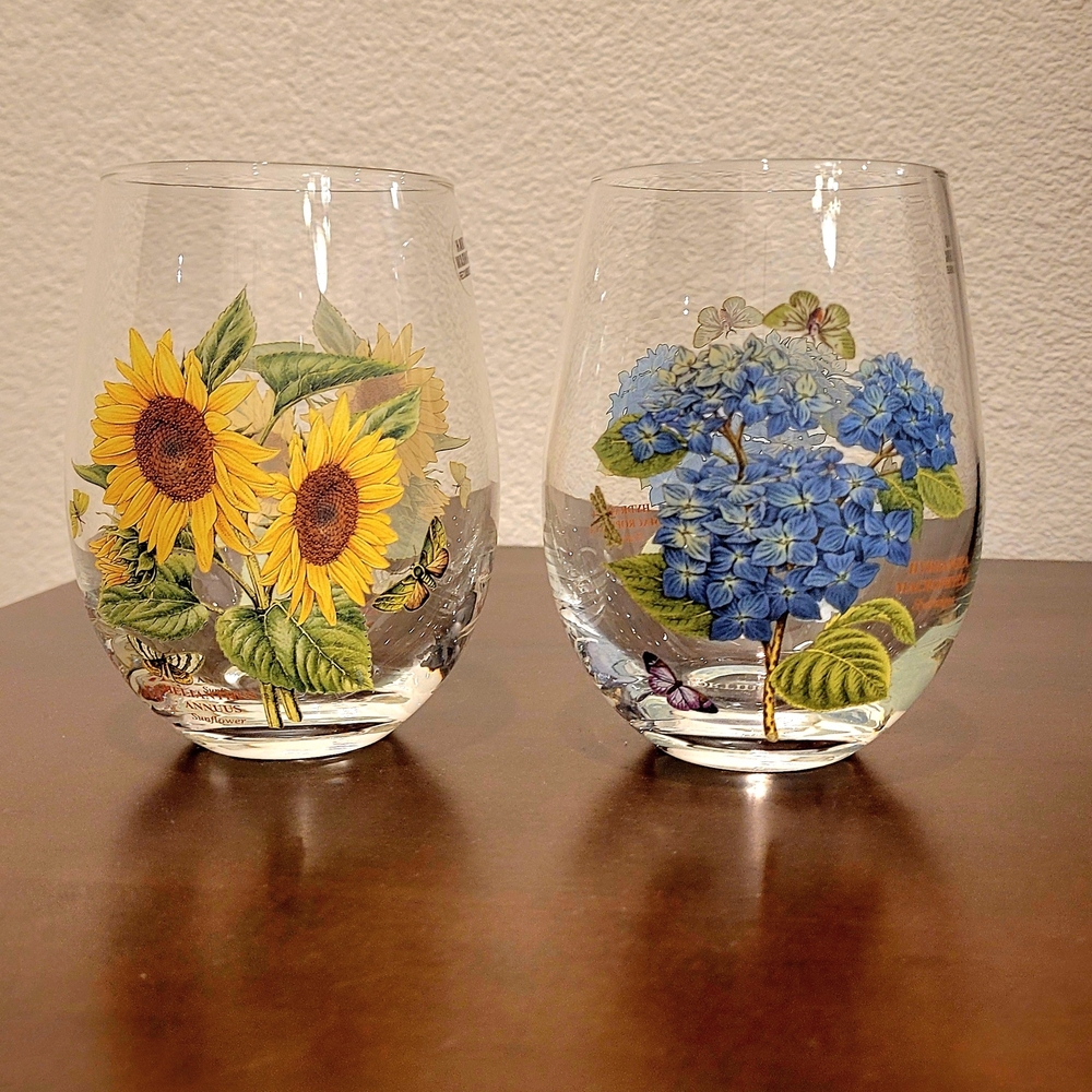 Portmeirion Botanic Garden Stemless Wine Glasses 19oz Floral Set Of 2